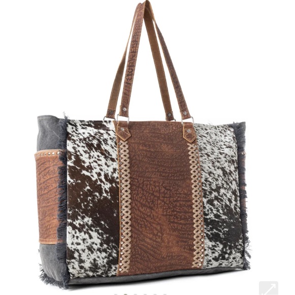 Myra Bag Handbags - Myra Bag Brown and Black weekender Travel Bag with cowhide